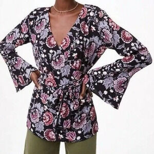 Loft Floral‎ Print Boho Wrap Blouse Bell Long Sleeve Size Small Casual Top